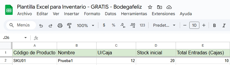 Captura de la Plantilla Excel para Inventario de BodegaFeliz